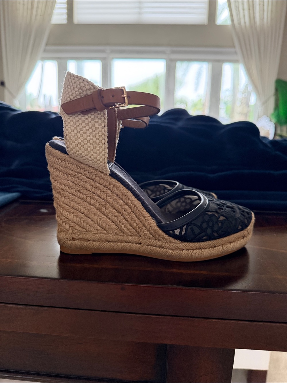 Tory Burch Black Lace Espadrille Wedge with Tan Ankle Strap